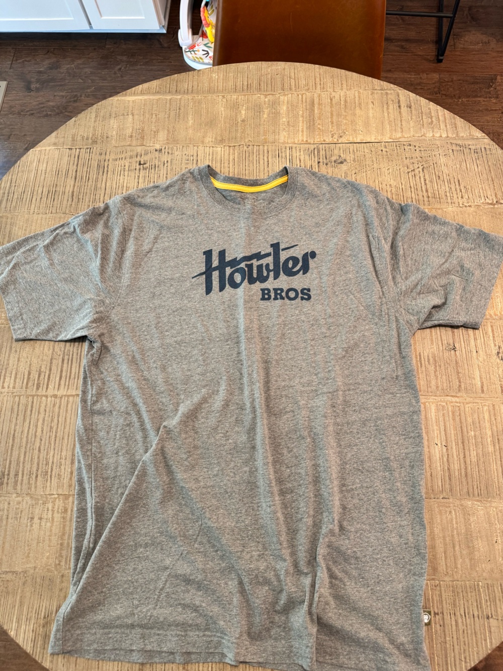 Howler Brothers Gray T-Shirt with Navy Logo and Yellow Trim
